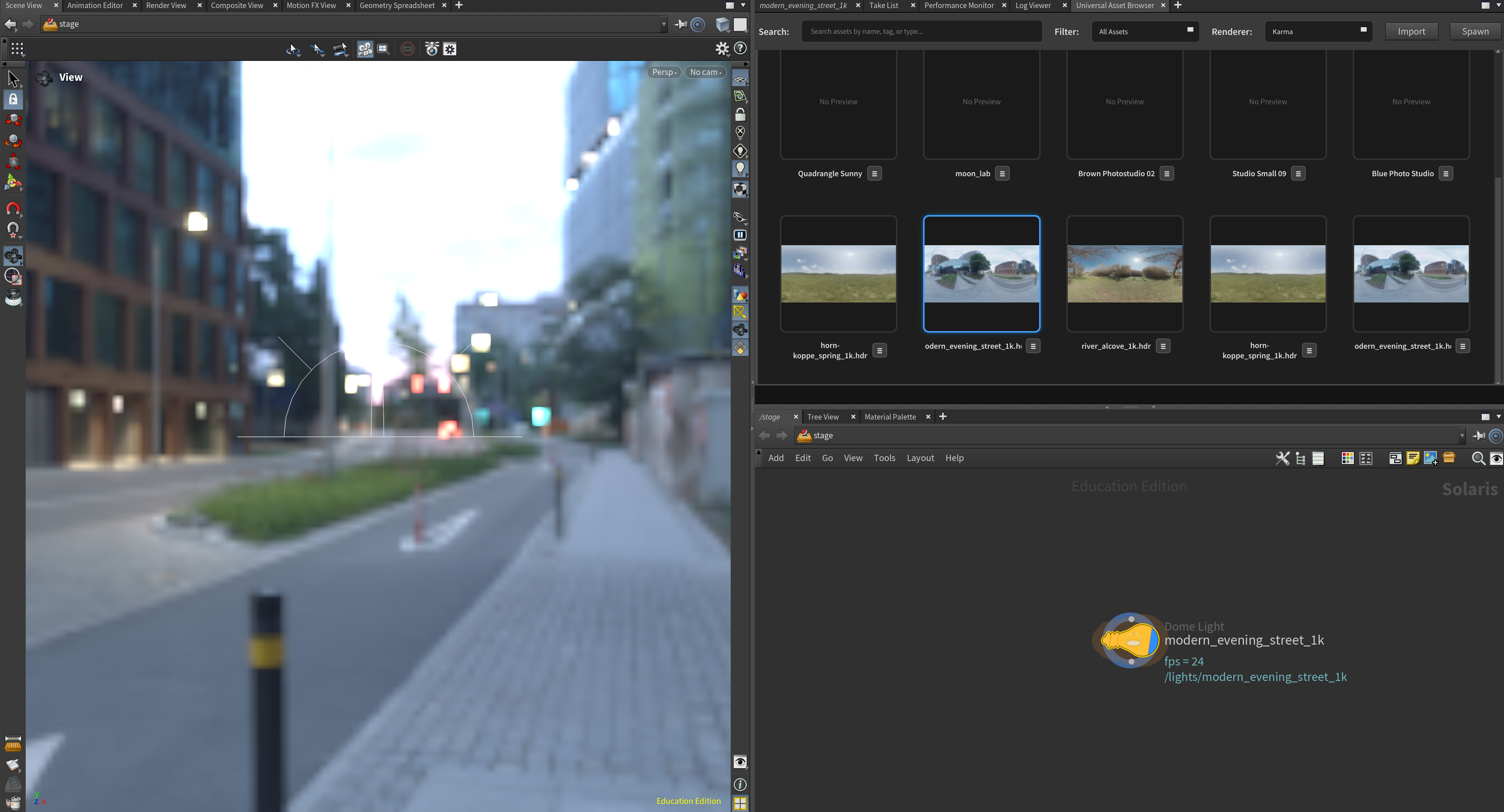 Universal Asset Browser instantiating an HDRI in the viewport